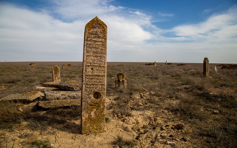 Tombstones of abandoned ancient Muslim necropolis in the Kazakhstan desert