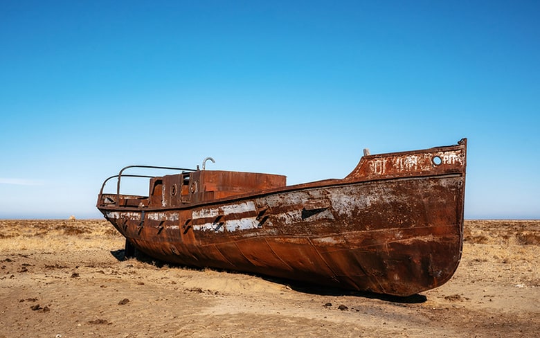 Abandoned boat in desert close to Akbasty in Aral sea, kazakhstan