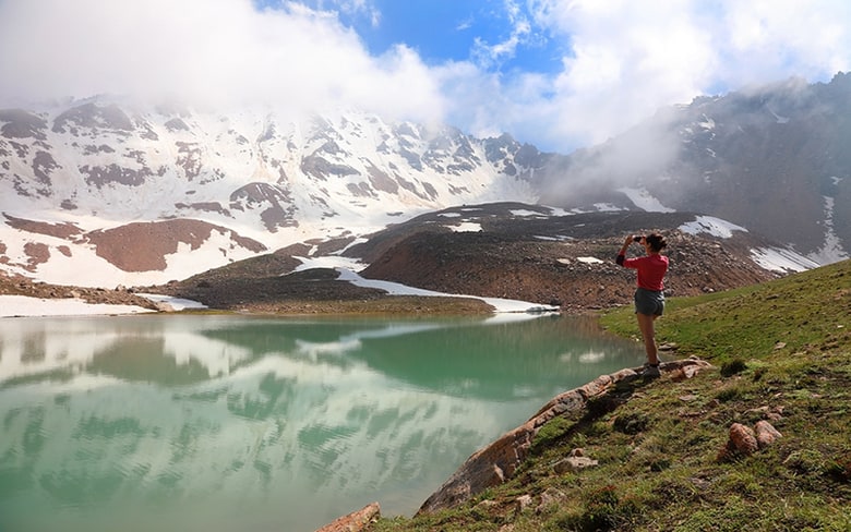 Amazing views of the mountain glacial lake. Tian Shan, Kazakhstan